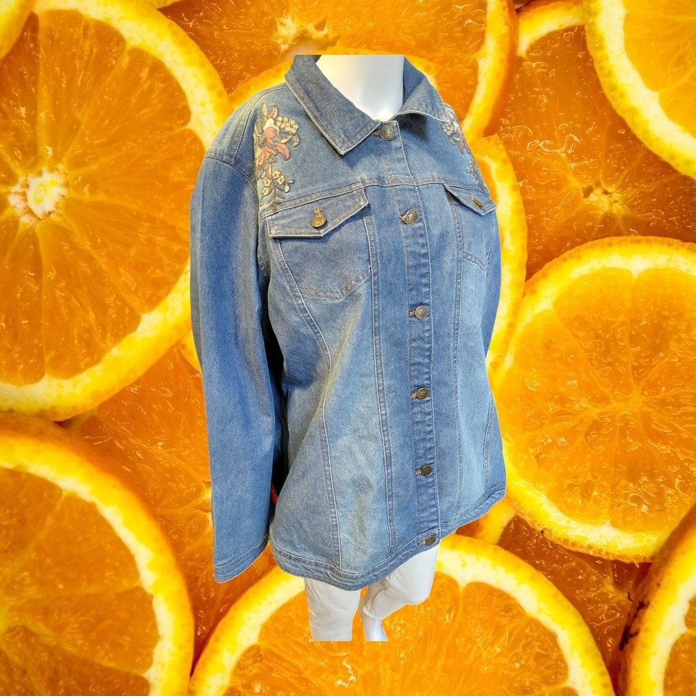 Tantrums Women's Embroidered Denim Jacket Medium Wash Long Sleeve‎ Blue XL